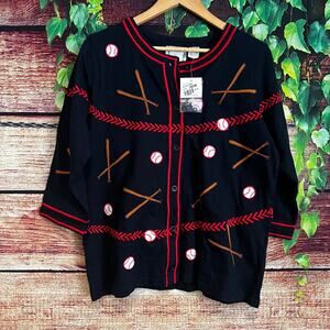 Michael Simon Lite Baseball Motif Button Up Cardigan Sweater Large Embroidered